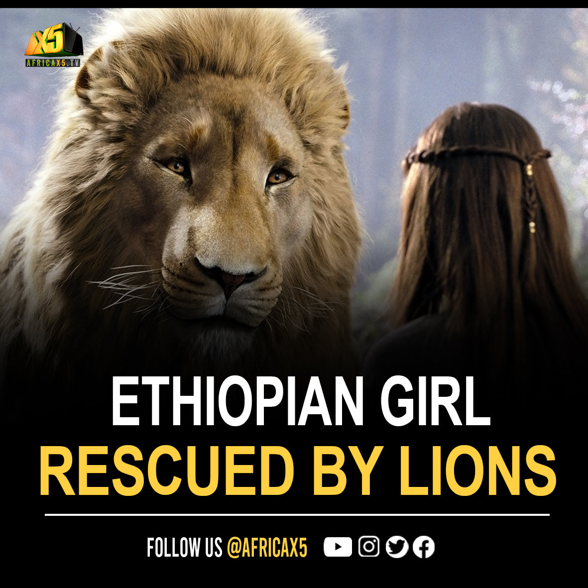 An Ethiopian girl was brutally beaten by seven men until a pride of lions chased the men away and proceeded to stay with and protect the girl untill help arrived.