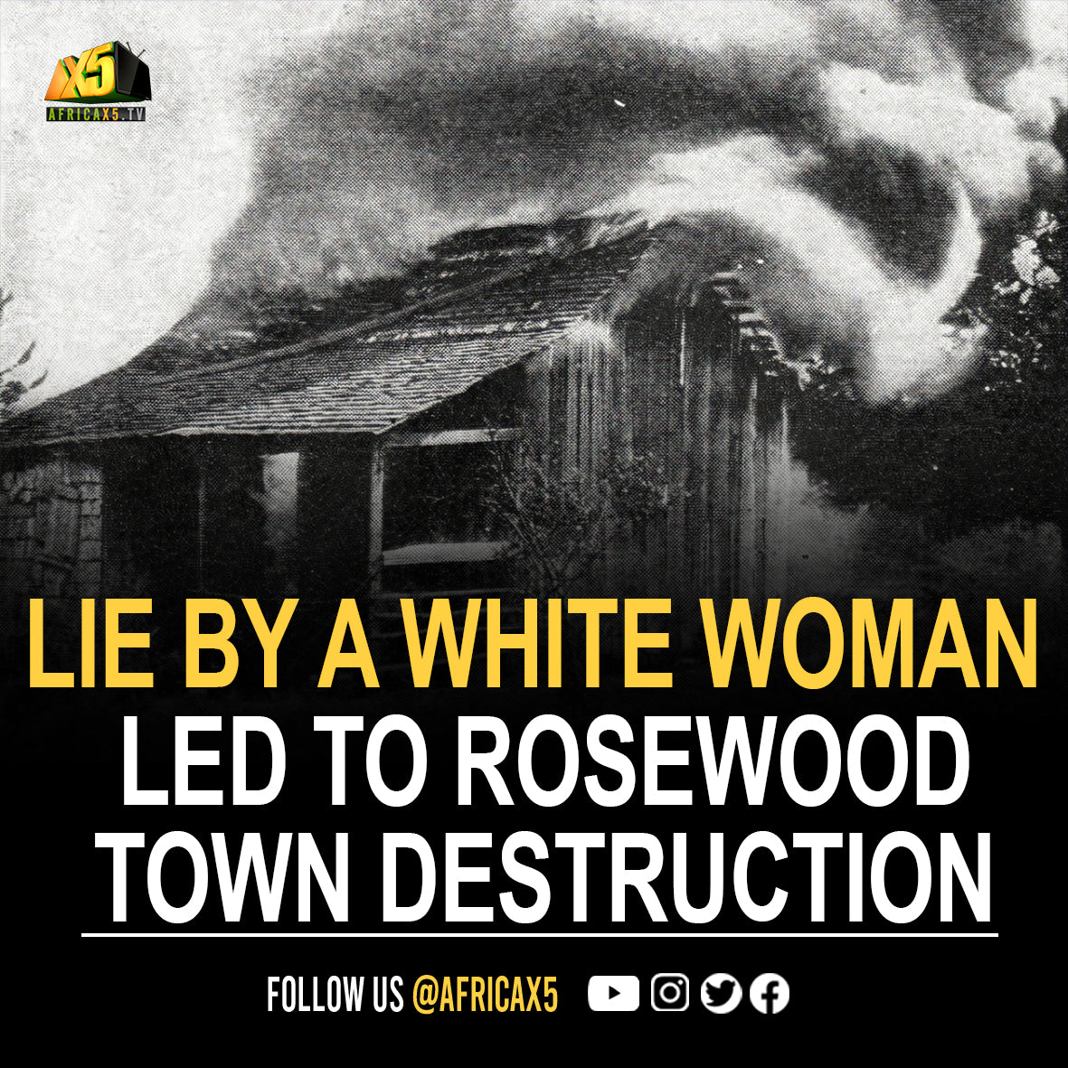 101 years ago today, in 1923, a lie by a white woman that she’d  been sexually assaulted by a black man, led to the destruction of the  predominantly African American town of Rosewood, Florida, thus the Rosewood Massacre.