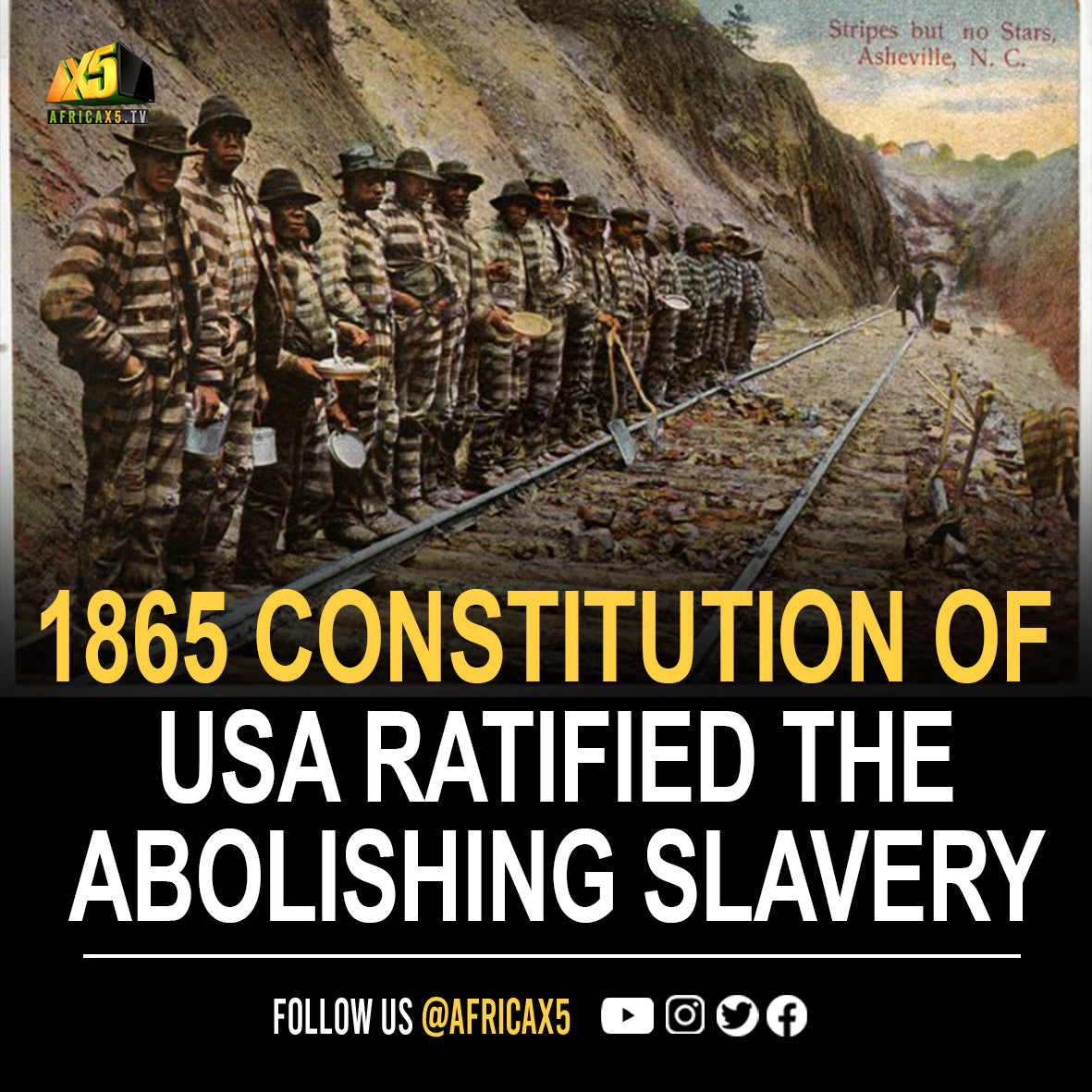On 1865, the 13th Amendment of the United States Constitution is ratified, abolishing slavery.